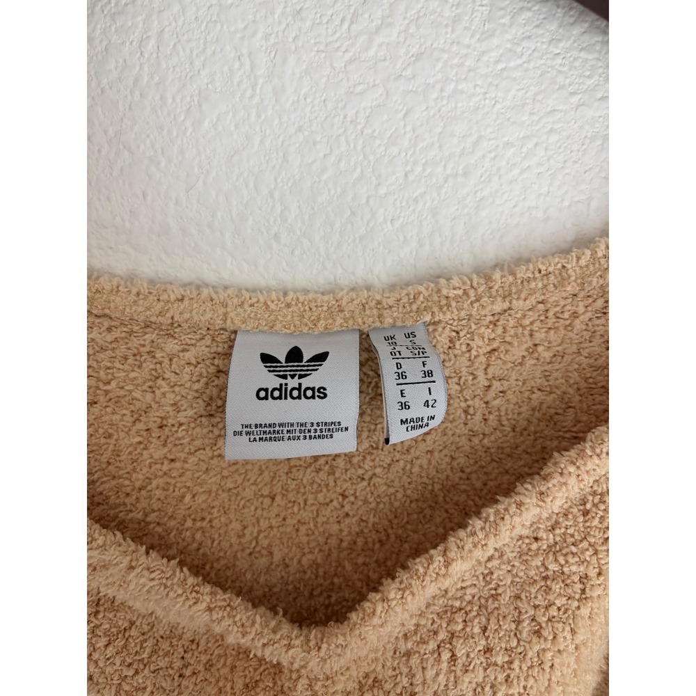 Adidas Originals Women Beige Teddy Fleece Ruched Cropped Long Sleeve Top Small - Picture 3 of 4